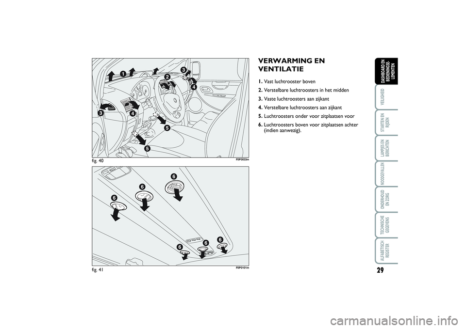 FIAT SCUDO 2014 Instructieboek (in Dutch) 29
VEILIGHEIDSTARTEN EN
RIJDENLAMPJES EN
BERICHTENNOODGEVALLENONDERHOUD
EN ZORGTECHNISCHE
GEGEVENSALFABETISCH
REGISTERDASHBOARD EN
BEDIENINGSE-
LEMENTEN
VERWARMING EN
VENTILATIE1.Vast luchtrooster bo FIAT SCUDO 2014 Instructieboek (in Dutch) 29
VEILIGHEIDSTARTEN EN
RIJDENLAMPJES EN
BERICHTENNOODGEVALLENONDERHOUD
EN ZORGTECHNISCHE
GEGEVENSALFABETISCH
REGISTERDASHBOARD EN
BEDIENINGSE-
LEMENTEN
VERWARMING EN
VENTILATIE1.Vast luchtrooster bo