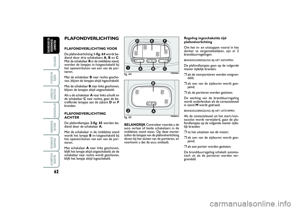 FIAT SCUDO 2014 Instructieboek (in Dutch) 62VEILIGHEIDSTARTEN EN
RIJDENLAMPJES EN
BERICHTENNOODGEVALLENONDERHOUD
EN ZORGTECHNISCHE
GEGEVENSALFABETISCH
REGISTERDASHBOARD EN
BEDIENINGSE-
LEMENTEN
PLAFONDVERLICHTINGPLAFONDVERLICHTING VOOR
De pl FIAT SCUDO 2014 Instructieboek (in Dutch) 62VEILIGHEIDSTARTEN EN
RIJDENLAMPJES EN
BERICHTENNOODGEVALLENONDERHOUD
EN ZORGTECHNISCHE
GEGEVENSALFABETISCH
REGISTERDASHBOARD EN
BEDIENINGSE-
LEMENTEN
PLAFONDVERLICHTINGPLAFONDVERLICHTING VOOR
De pl