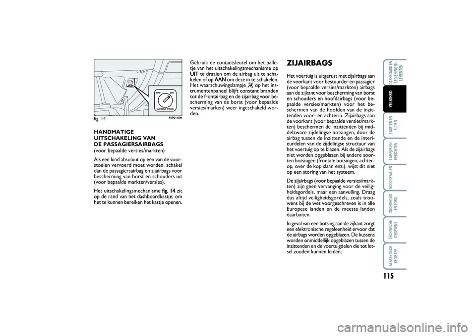 FIAT SCUDO 2015 Instructieboek (in Dutch) 115
STARTEN EN
RIJDENLAMPJES EN
BERICHTENNOODGEVALLENONDERHOUD
EN ZORGTECHNISCHE
GEGEVENSALFABETISCH
REGISTERDASHBOARD EN
BEDIENINGSE-
LEMENTENVEILIGHEID
HANDMATIGE
UITSCHAKELING VAN
DE PASSAGIERSA FIAT SCUDO 2015 Instructieboek (in Dutch) 115
STARTEN EN
RIJDENLAMPJES EN
BERICHTENNOODGEVALLENONDERHOUD
EN ZORGTECHNISCHE
GEGEVENSALFABETISCH
REGISTERDASHBOARD EN
BEDIENINGSE-
LEMENTENVEILIGHEID
HANDMATIGE
UITSCHAKELING VAN
DE PASSAGIERSA