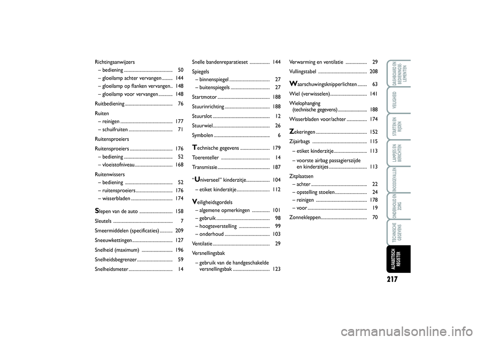 FIAT SCUDO 2016  Instructieboek (in Dutch) 217
LAMPJES EN
BERICHTENDASHBOARD EN
BEDIENINGSE-
LEMENTENVEILIGHEIDSTARTEN EN
RIJDENINOODGEVALLENONDERHOUD EN
ZORGTECHNISCHE
GEGEVENSALFABETISCH
REGISTER
Snelle bandenreparatieset ................. 1