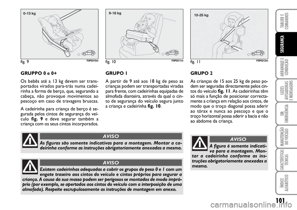 FIAT SCUDO 2010 Manual de Uso e Manutenção (in Portuguese) 101
ARRANQUE E
CONDUÇÃO
LUZES
AVISADORAS
E MENSAGENS
EM
EMERGÊNCIA
MANUTENÇÃO
DO VEÍCULO
CARACTERÍSTICAS
TÉCNICAS
ÍNDICE
ALFABÉTICO
TABLIER E
COMANDOS
SEGURANÇA
GRUPPO 0 e 0+
Os bebês a FIAT SCUDO 2010 Manual de Uso e Manutenção (in Portuguese) 101
ARRANQUE E
CONDUÇÃO
LUZES
AVISADORAS
E MENSAGENS
EM
EMERGÊNCIA
MANUTENÇÃO
DO VEÍCULO
CARACTERÍSTICAS
TÉCNICAS
ÍNDICE
ALFABÉTICO
TABLIER E
COMANDOS
SEGURANÇA
GRUPPO 0 e 0+
Os bebês a