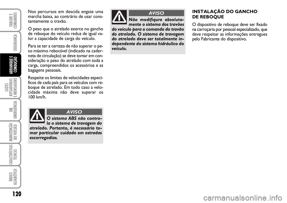 FIAT SCUDO 2010 Manual de Uso e Manutenção (in Portuguese) 120
LUZES
AVISADORAS
E MENSAGENS
EM
EMERGÊNCIA
MANUTENÇÃO
DO VEÍCULO
CARACTERÍSTICAS
TÉCNICAS
ÍNDICE
ALFABÉTICO
TABLIER E
COMANDOS
SEGURANÇA
ARRANQUE E
CONDUÇÃO
INSTALAÇÃO DO GANCHO
DE FIAT SCUDO 2010 Manual de Uso e Manutenção (in Portuguese) 120
LUZES
AVISADORAS
E MENSAGENS
EM
EMERGÊNCIA
MANUTENÇÃO
DO VEÍCULO
CARACTERÍSTICAS
TÉCNICAS
ÍNDICE
ALFABÉTICO
TABLIER E
COMANDOS
SEGURANÇA
ARRANQUE E
CONDUÇÃO
INSTALAÇÃO DO GANCHO
DE