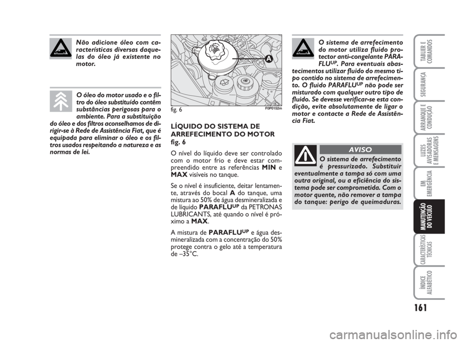 FIAT SCUDO 2010  Manual de Uso e Manutenção (in Portuguese) 161
LUZES
AVISADORAS 
E MENSAGENS
CARACTERÍSTICAS
TÉCNICAS
ÍNDICE
ALFABÉTICO
TABLIER E
COMANDOS
SEGURANÇA
ARRANQUE E
CONDUÇÃO
EM
EMERGÊNCIA
MANUTENÇÃO
DO VEÍCULO
LÍQUIDO DO SISTEMA DE
ARRE