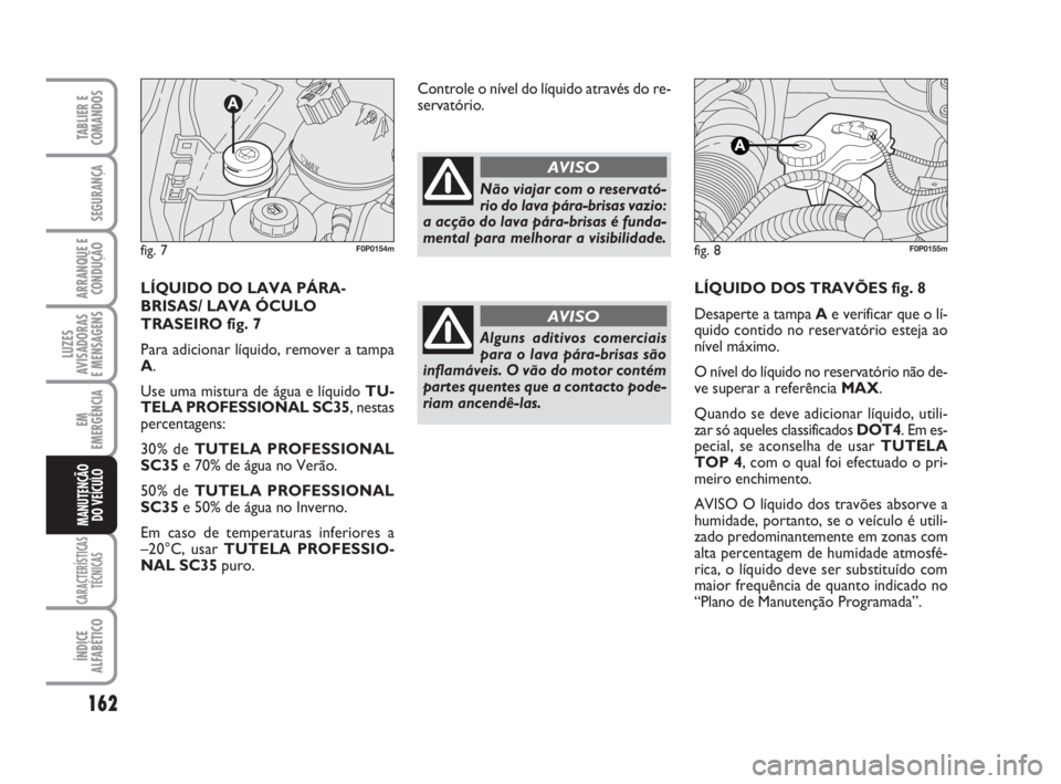 FIAT SCUDO 2010  Manual de Uso e Manutenção (in Portuguese) 162
LUZES
AVISADORAS 
E MENSAGENS
CARACTERÍSTICAS
TÉCNICAS
ÍNDICE
ALFABÉTICO
TABLIER E
COMANDOS
SEGURANÇA
ARRANQUE E
CONDUÇÃO
EM
EMERGÊNCIA
MANUTENÇÃO
DO VEÍCULO
LÍQUIDO DOS TRAVÕES fig. 