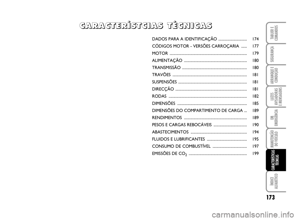 FIAT SCUDO 2010 Manual de Uso e Manutenção (in Portuguese) 173
LUZES
AVISADORAS
E MENSAGENS
ÍNDICE
ALFABÉTICO
TABLIER E
COMANDOS
SEGURANÇA
ARRANQUE E
CONDUÇÃO
EM
EMERGÊNCIA
MANUTENÇÃO
DO VEÍCULO
CARACTERÍSTICAS
TÉCNICAS
DADOS PARA A IDENTIFICAÇÃ FIAT SCUDO 2010 Manual de Uso e Manutenção (in Portuguese) 173
LUZES
AVISADORAS
E MENSAGENS
ÍNDICE
ALFABÉTICO
TABLIER E
COMANDOS
SEGURANÇA
ARRANQUE E
CONDUÇÃO
EM
EMERGÊNCIA
MANUTENÇÃO
DO VEÍCULO
CARACTERÍSTICAS
TÉCNICAS
DADOS PARA A IDENTIFICAÇÃ