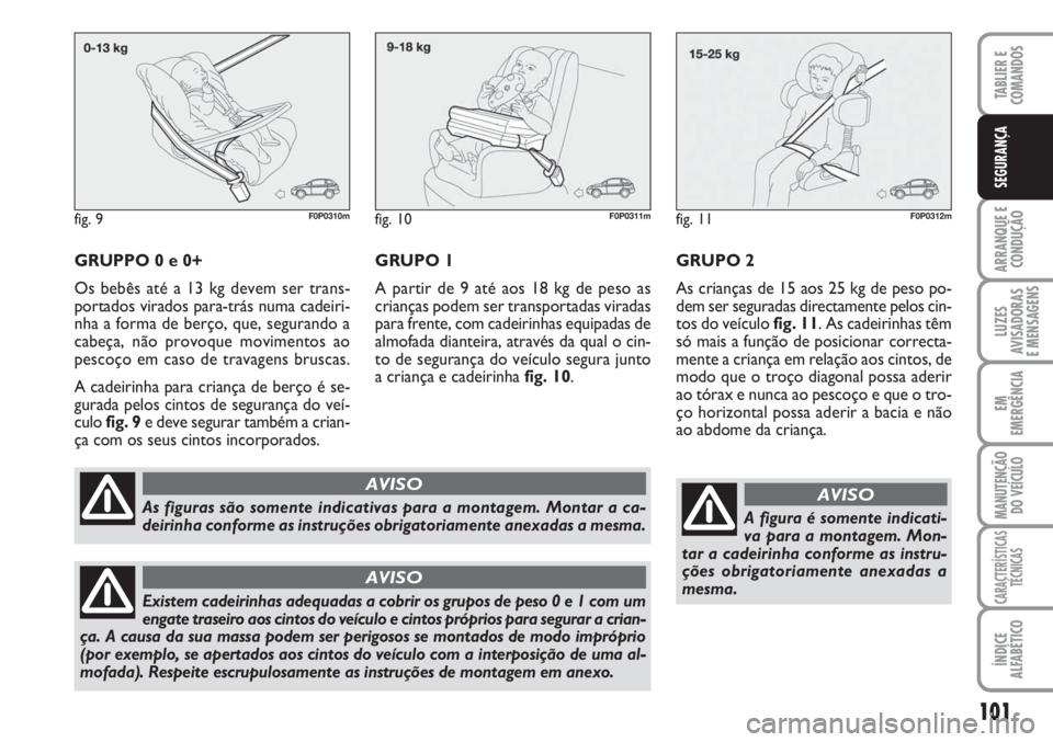 FIAT SCUDO 2011  Manual de Uso e Manutenção (in Portuguese) 101
ARRANQUE E 
CONDUÇÃO
LUZES
AVISADORAS 
E MENSAGENS
EM
EMERGÊNCIA
MANUTENÇÃO
DO VEÍCULO
CARACTERÍSTICAS
TÉCNICAS
ÍNDICE
ALFABÉTICO
TABLIER E 
COMANDOS
SEGURANÇA
GRUPPO 0 e 0+
Os bebês a