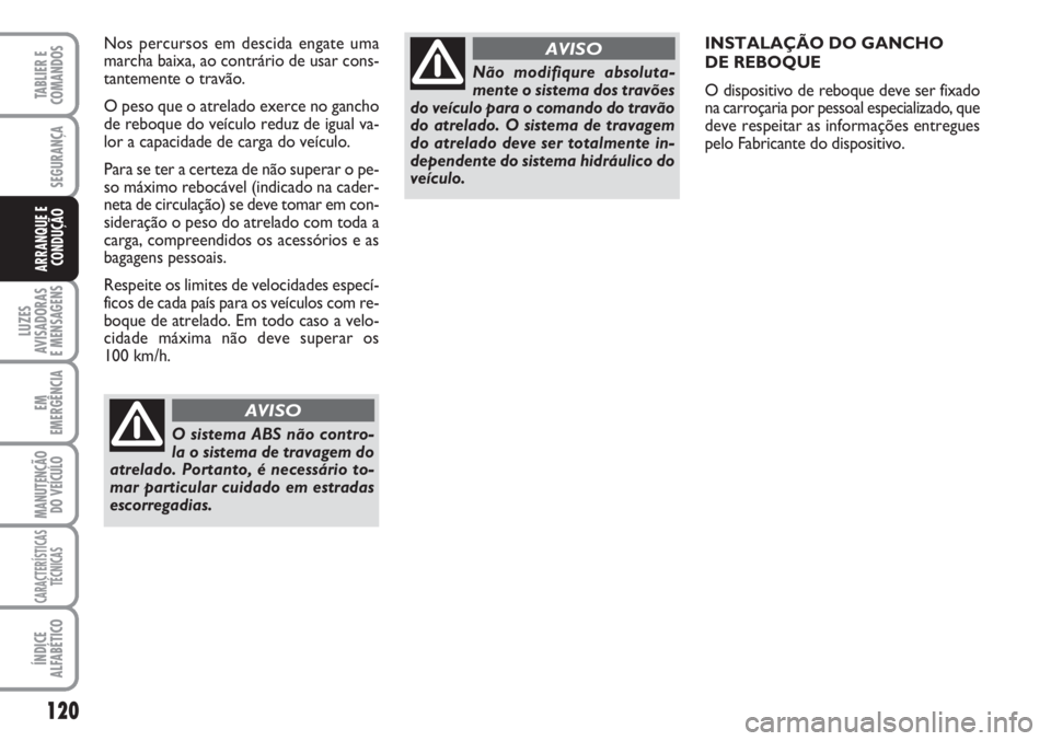 FIAT SCUDO 2011  Manual de Uso e Manutenção (in Portuguese) 120
LUZES
AVISADORAS 
E MENSAGENS
EM
EMERGÊNCIA
MANUTENÇÃO
DO VEÍCULO
CARACTERÍSTICAS
TÉCNICAS
ÍNDICE
ALFABÉTICO
TABLIER E
COMANDOS
SEGURANÇA
ARRANQUE E
CONDUÇÃO
INSTALAÇÃO DO GANCHO 
DE 