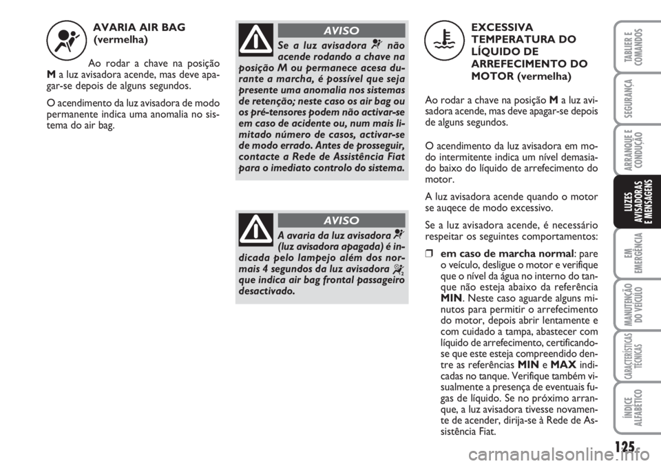 FIAT SCUDO 2011  Manual de Uso e Manutenção (in Portuguese) 125
EM
EMERGÊNCIA
MANUTENÇÃO
DO VEÍCULO
CARACTERÍSTICAS
TÉCNICAS
ÍNDICE
ALFABÉTICO
TABLIER E
COMANDOS
SEGURANÇA
ARRANQUE E
CONDUÇÃO
LUZES
AVISADORAS 
E MENSAGENS
AVARIA AIR BAG 
(vermelha)
