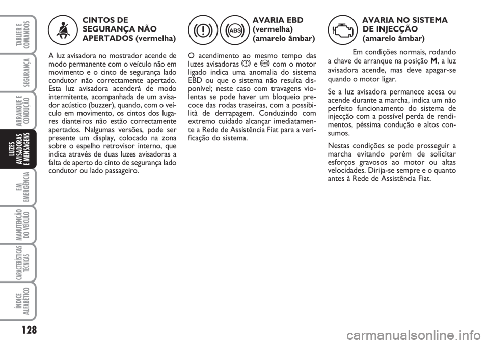 FIAT SCUDO 2011  Manual de Uso e Manutenção (in Portuguese) 128
EM
EMERGÊNCIA
MANUTENÇÃO
DO VEÍCULO
CARACTERÍSTICAS
TÉCNICAS
ÍNDICE
ALFABÉTICO
TABLIER E
COMANDOS
SEGURANÇA
ARRANQUE E
CONDUÇÃO
LUZES
AVISADORAS 
E MENSAGENS
AVARIA EBD
(vermelha) 
(ama
