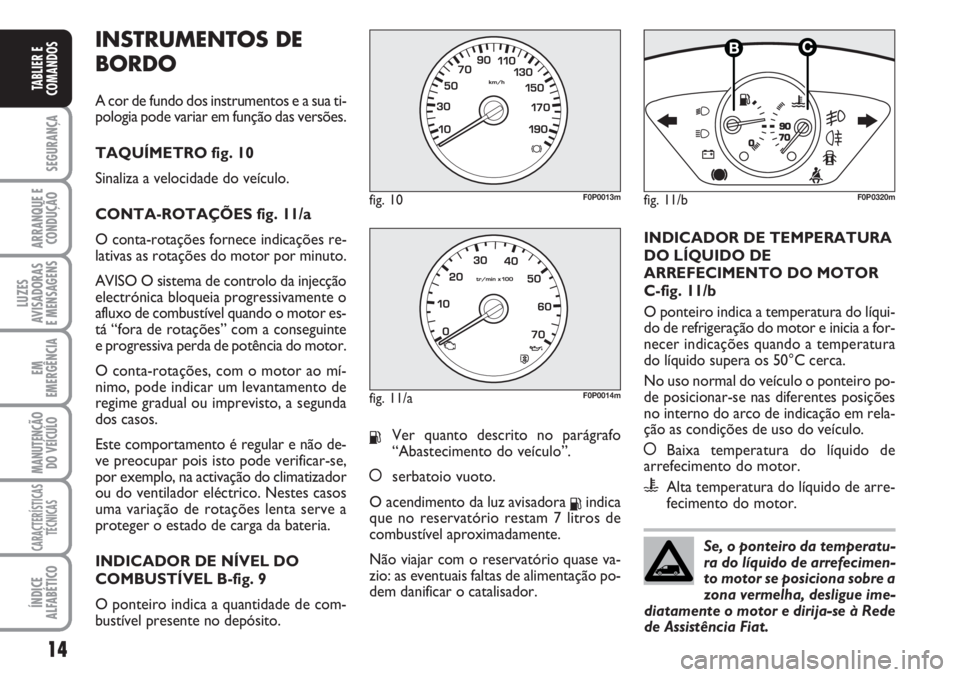 FIAT SCUDO 2011 Manual de Uso e Manutenção (in Portuguese) INSTRUMENTOS DE
BORDO
A cor de fundo dos instrumentos e a sua ti-
pologia pode variar em função das versões.
TAQUÍMETRO fig. 10
Sinaliza a velocidade do veículo.
CONTA-ROTAÇÕES fig. 11/a
O cont FIAT SCUDO 2011 Manual de Uso e Manutenção (in Portuguese) INSTRUMENTOS DE
BORDO
A cor de fundo dos instrumentos e a sua ti-
pologia pode variar em função das versões.
TAQUÍMETRO fig. 10
Sinaliza a velocidade do veículo.
CONTA-ROTAÇÕES fig. 11/a
O cont
