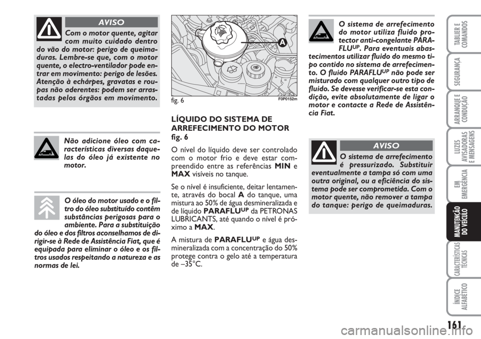 FIAT SCUDO 2011  Manual de Uso e Manutenção (in Portuguese) 161
LUZES
AVISADORAS 
E MENSAGENS
CARACTERÍSTICAS
TÉCNICAS
ÍNDICE
ALFABÉTICO
TABLIER E
COMANDOS
SEGURANÇA
ARRANQUE E
CONDUÇÃO
EM
EMERGÊNCIA
MANUTENÇÃO
DO VEÍCULO
Com o motor quente, agitar
