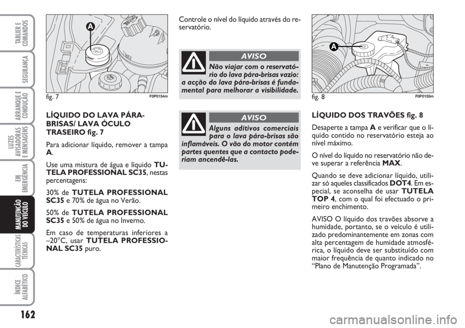 FIAT SCUDO 2011  Manual de Uso e Manutenção (in Portuguese) 162
LUZES
AVISADORAS 
E MENSAGENS
CARACTERÍSTICAS
TÉCNICAS
ÍNDICE
ALFABÉTICO
TABLIER E
COMANDOS
SEGURANÇA
ARRANQUE E
CONDUÇÃO
EM
EMERGÊNCIA
MANUTENÇÃO
DO VEÍCULO
LÍQUIDO DOS TRAVÕES fig. 