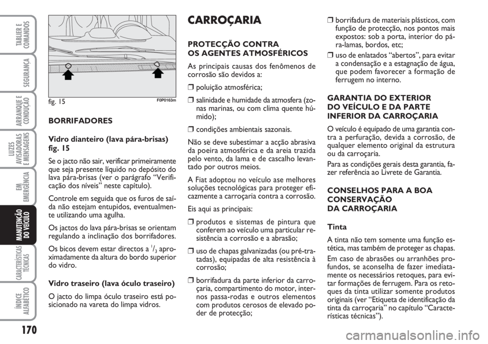 FIAT SCUDO 2011  Manual de Uso e Manutenção (in Portuguese) 170
LUZES
AVISADORAS 
E MENSAGENS
CARACTERÍSTICAS
TÉCNICAS
ÍNDICE
ALFABÉTICO
TABLIER E
COMANDOS
SEGURANÇA
ARRANQUE E
CONDUÇÃO
EM
EMERGÊNCIA
MANUTENÇÃO
DO VEÍCULO
BORRIFADORES
Vidro dianteir
