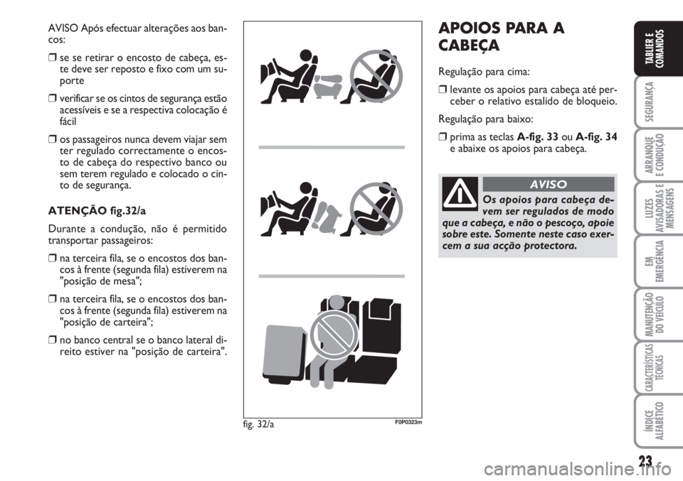 FIAT SCUDO 2011  Manual de Uso e Manutenção (in Portuguese) 23
SEGURANÇA
ARRANQUE
E CONDUÇÃO
LUZES
AVISADORAS E
MENSAGENS
EM
EMERGÊNCIA
MANUTENÇÃO
DO VEÍCULO
CARACTERÍSTICAS
TÉCNICAS
ÍNDICE
ALFABÉTICO
TABLIER E
COMANDOS
AVISO Após efectuar alteraç