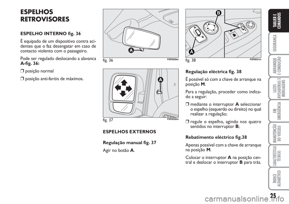 FIAT SCUDO 2011  Manual de Uso e Manutenção (in Portuguese) 25
SEGURANÇA
ARRANQUE
E CONDUÇÃO
LUZES
AVISADORAS E
MENSAGENS
EM
EMERGÊNCIA
MANUTENÇÃO
DO VEÍCULO
CARACTERÍSTICAS
TÉCNICAS
ÍNDICE
ALFABÉTICO
TABLIER E
COMANDOS
ESPELHOS
RETROVISORES
ESPELHO