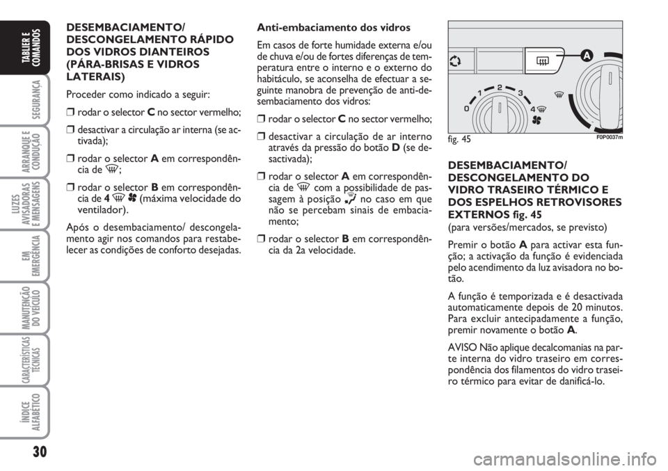 FIAT SCUDO 2011 Manual de Uso e Manutenção (in Portuguese) 30
SEGURANÇA
ARRANQUE E
CONDUÇÃO
LUZES
AVISADORAS
E MENSAGENS
EM
EMERGÊNCIA
MANUTENÇÃO
DO VEÍCULO
CARACTERÍSTICAS
TÉCNICAS
ÍNDICE
ALFABÉTICO
TABLIER E
COMANDOS
DESEMBACIAMENTO/
DESCONGELAM FIAT SCUDO 2011 Manual de Uso e Manutenção (in Portuguese) 30
SEGURANÇA
ARRANQUE E
CONDUÇÃO
LUZES
AVISADORAS
E MENSAGENS
EM
EMERGÊNCIA
MANUTENÇÃO
DO VEÍCULO
CARACTERÍSTICAS
TÉCNICAS
ÍNDICE
ALFABÉTICO
TABLIER E
COMANDOS
DESEMBACIAMENTO/
DESCONGELAM