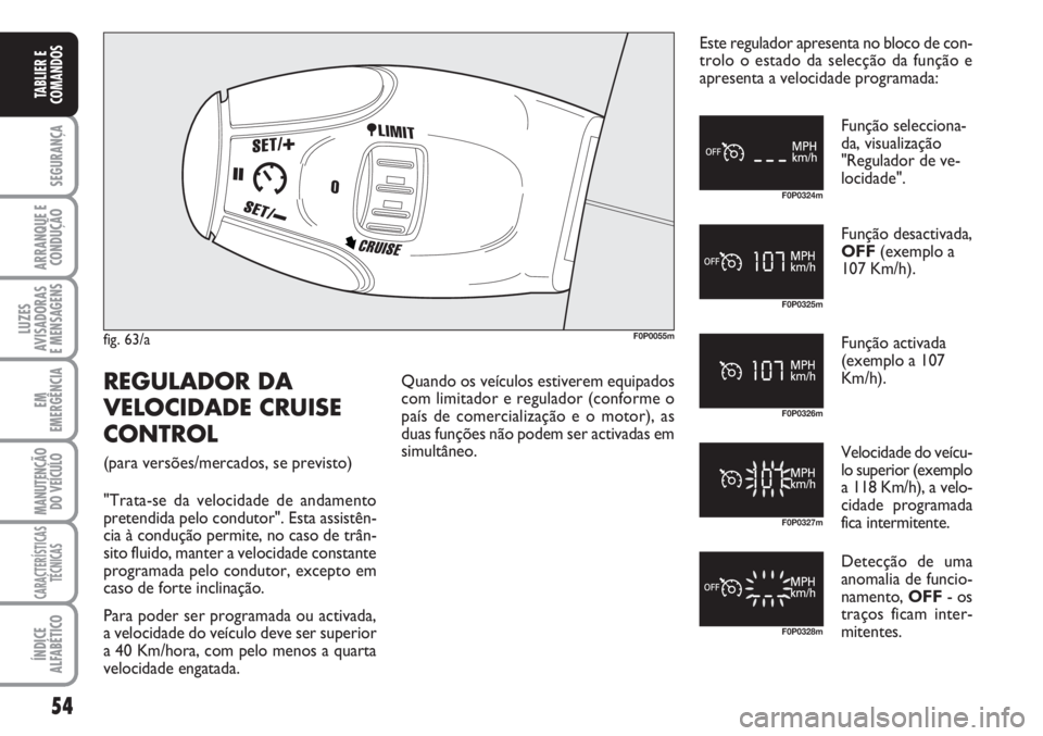 FIAT SCUDO 2011  Manual de Uso e Manutenção (in Portuguese) 54
SEGURANÇA
ARRANQUE E
CONDUÇÃO
LUZES
AVISADORAS 
E MENSAGENS
EM
EMERGÊNCIA
MANUTENÇÃO
DO VEÍCULO
CARACTERÍSTICAS
TÉCNICAS
ÍNDICE
ALFABÉTICO
TABLIER E
COMANDOS
fig. 63/aF0P0055m
F0P0324m
F