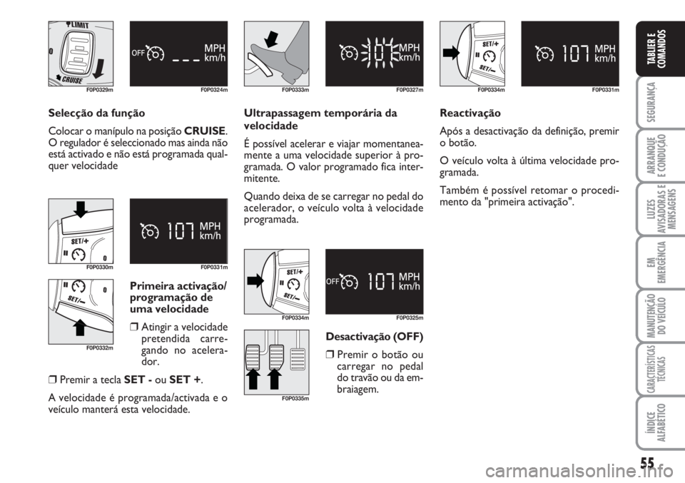 FIAT SCUDO 2011  Manual de Uso e Manutenção (in Portuguese) 55
SEGURANÇA
ARRANQUE
E CONDUÇÃO
LUZES
AVISADORAS E
MENSAGENS
EM
EMERGÊNCIA
MANUTENÇÃO
DO VEÍCULO
CARACTERÍSTICAS
TÉCNICAS
ÍNDICE
ALFABÉTICO
TABLIER E
COMANDOS
F0P0329m F0P0324m
F0P0330m F0
