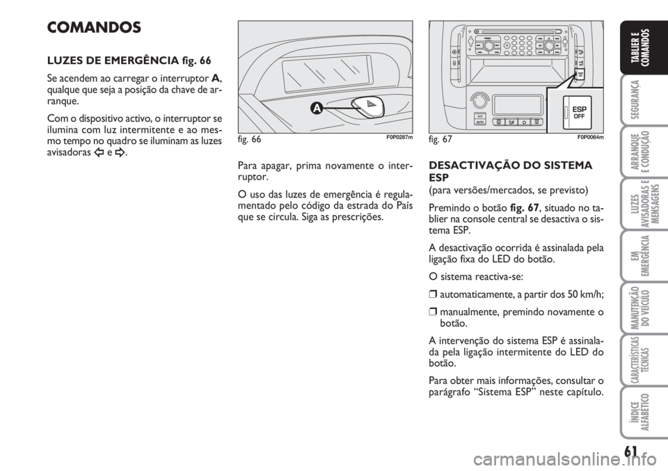 FIAT SCUDO 2011  Manual de Uso e Manutenção (in Portuguese) 61
SEGURANÇA
ARRANQUE
E CONDUÇÃO
LUZES
AVISADORAS E
MENSAGENS
EM
EMERGÊNCIA
MANUTENÇÃO
DO VEÍCULO
CARACTERÍSTICAS
TÉCNICAS
ÍNDICE
ALFABÉTICO
TABLIER E
COMANDOS
fig. 66F0P0287m
COMANDOS
LUZE