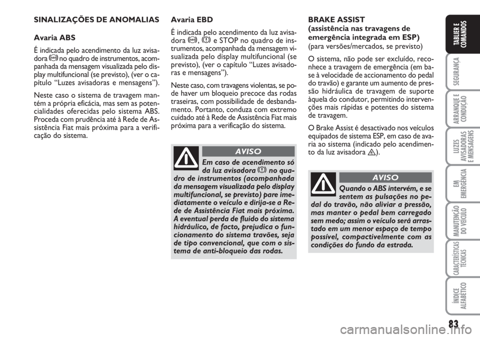 FIAT SCUDO 2011  Manual de Uso e Manutenção (in Portuguese) 83
SEGURANÇA
ARRANQUE E
CONDUÇÃO
LUZES
AVISADORAS 
E MENSAGENS
EM
EMERGÊNCIA
MANUTENÇÃO
DO VEÍCULO
CARACTERÍSTICAS
TÉCNICAS
ÍNDICE
ALFABÉTICO
TABLIER E
COMANDOS
SINALIZAÇÕES DE ANOMALIAS

