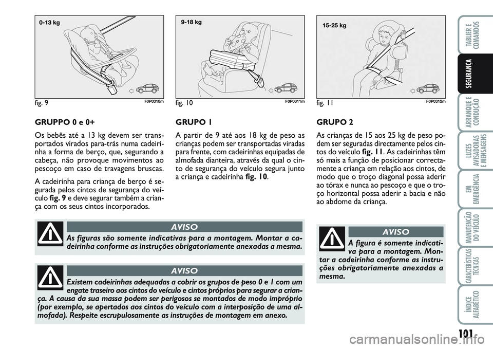 FIAT SCUDO 2012 Manual de Uso e Manutenção (in Portuguese) 101
ARRANQUE E
CONDUÇÃO
LUZES
AVISADORAS
E MENSAGENS
EM
EMERGÊNCIA
MANUTENÇÃO
DO VEÍCULO
CARACTERÍSTICAS
TÉCNICAS
ÍNDICE
ALFABÉTICO
TABLIER E
COMANDOS
SEGURANÇA
GRUPPO 0 e 0+
Os bebês a FIAT SCUDO 2012 Manual de Uso e Manutenção (in Portuguese) 101
ARRANQUE E
CONDUÇÃO
LUZES
AVISADORAS
E MENSAGENS
EM
EMERGÊNCIA
MANUTENÇÃO
DO VEÍCULO
CARACTERÍSTICAS
TÉCNICAS
ÍNDICE
ALFABÉTICO
TABLIER E
COMANDOS
SEGURANÇA
GRUPPO 0 e 0+
Os bebês a