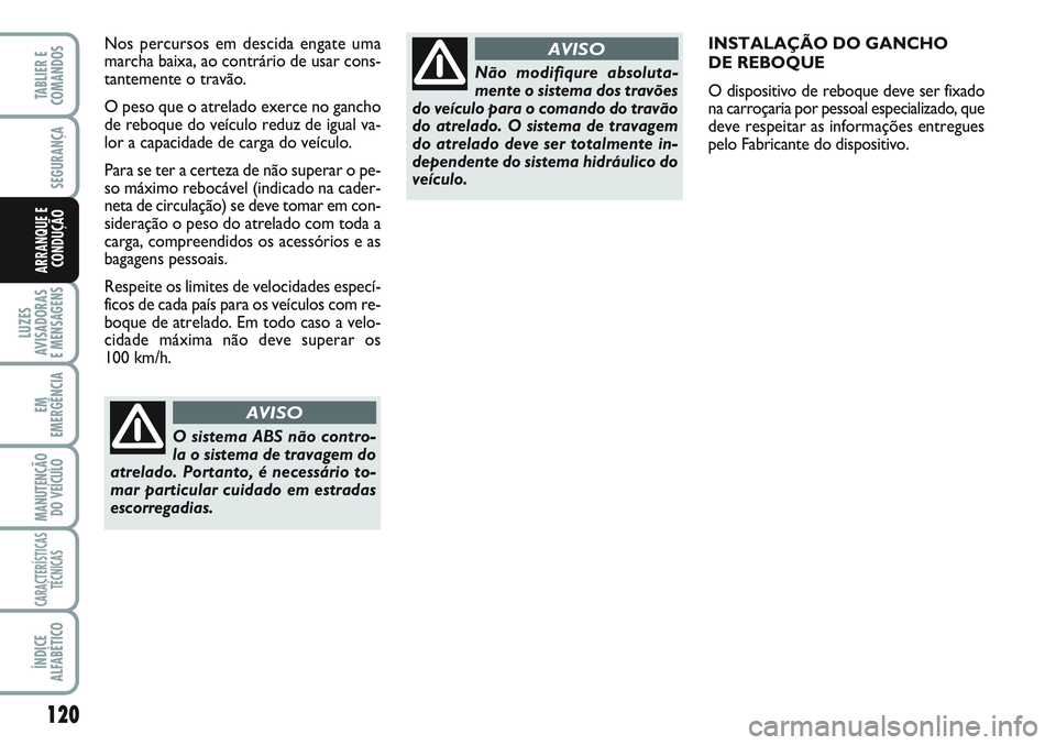 FIAT SCUDO 2012 Manual de Uso e Manutenção (in Portuguese) 120
LUZES
AVISADORAS
E MENSAGENS
EM
EMERGÊNCIA
MANUTENÇÃO
DO VEÍCULO
CARACTERÍSTICAS
TÉCNICAS
ÍNDICE
ALFABÉTICO
TABLIER E
COMANDOS
SEGURANÇA
ARRANQUE E
CONDUÇÃO
INSTALAÇÃO DO GANCHO
DE FIAT SCUDO 2012 Manual de Uso e Manutenção (in Portuguese) 120
LUZES
AVISADORAS
E MENSAGENS
EM
EMERGÊNCIA
MANUTENÇÃO
DO VEÍCULO
CARACTERÍSTICAS
TÉCNICAS
ÍNDICE
ALFABÉTICO
TABLIER E
COMANDOS
SEGURANÇA
ARRANQUE E
CONDUÇÃO
INSTALAÇÃO DO GANCHO
DE