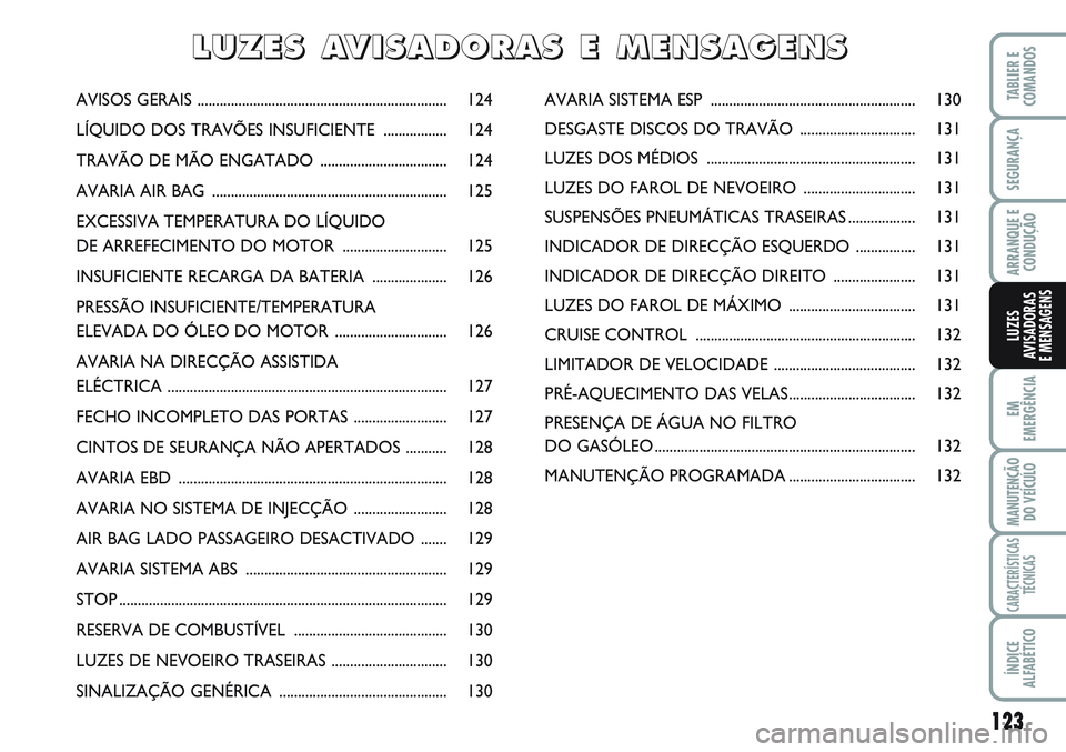 FIAT SCUDO 2012 Manual de Uso e Manutenção (in Portuguese) 123
EM
EMERGÊNCIA
MANUTENÇÃO
DO VEÍCULO
CARACTERÍSTICAS
TÉCNICAS
ÍNDICE
ALFABÉTICO
TABLIER E
COMANDOS
SEGURANÇA
ARRANQUE E
CONDUÇÃO
LUZES
AVISADORAS
E MENSAGENS
AVISOS GERAIS ............. FIAT SCUDO 2012 Manual de Uso e Manutenção (in Portuguese) 123
EM
EMERGÊNCIA
MANUTENÇÃO
DO VEÍCULO
CARACTERÍSTICAS
TÉCNICAS
ÍNDICE
ALFABÉTICO
TABLIER E
COMANDOS
SEGURANÇA
ARRANQUE E
CONDUÇÃO
LUZES
AVISADORAS
E MENSAGENS
AVISOS GERAIS .............
