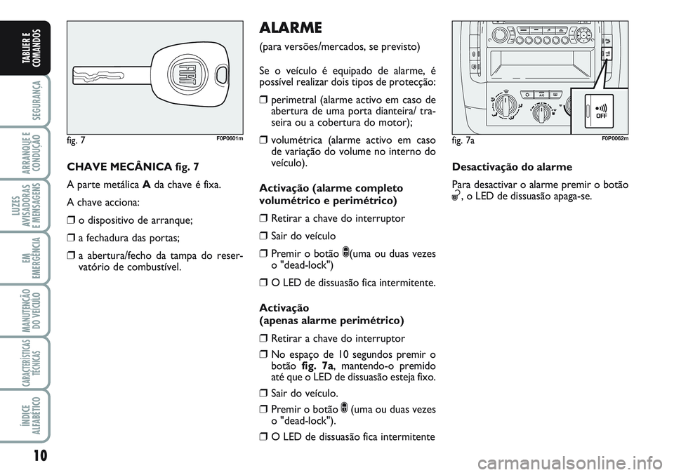 FIAT SCUDO 2012  Manual de Uso e Manutenção (in Portuguese) 10
SEGURANÇA
ARRANQUE E 
CONDUÇÃO
LUZES
AVISADORAS 
E MENSAGENS
EM
EMERGÊNCIA
MANUTENÇÃO
DO VEÍCULO
CARACTERÍSTICAS
TÉCNICAS
ÍNDICE
ALFABÉTICO
TABLIER E
COMANDOS
CHAVE MECÂNICA fig. 7
A pa