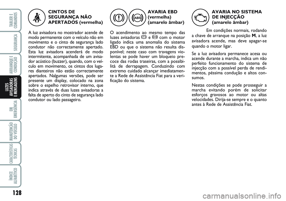 FIAT SCUDO 2012 Manual de Uso e Manutenção (in Portuguese) 128
EM
EMERGÊNCIA
MANUTENÇÃO
DO VEÍCULO
CARACTERÍSTICAS
TÉCNICAS
ÍNDICE
ALFABÉTICO
TABLIER E
COMANDOS
SEGURANÇA
ARRANQUE E
CONDUÇÃO
LUZES
AVISADORAS
E MENSAGENS
AVARIA EBD
(vermelha)
(ama FIAT SCUDO 2012 Manual de Uso e Manutenção (in Portuguese) 128
EM
EMERGÊNCIA
MANUTENÇÃO
DO VEÍCULO
CARACTERÍSTICAS
TÉCNICAS
ÍNDICE
ALFABÉTICO
TABLIER E
COMANDOS
SEGURANÇA
ARRANQUE E
CONDUÇÃO
LUZES
AVISADORAS
E MENSAGENS
AVARIA EBD
(vermelha)
(ama