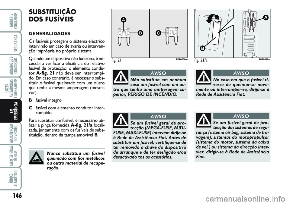 FIAT SCUDO 2012  Manual de Uso e Manutenção (in Portuguese) 146
LUZES
AVISADORAS 
E MENSAGENS
MANUTENÇÃO
DO VEÍCULO
CARACTERÍSTICAS
TÉCNICAS
ÍNDICE
ALFABÉTICO
TABLIER E
COMANDOS
SEGURANÇA
ARRANQUE E
CONDUÇÃO
EM
EMERGÊNCIA
fig. 21F0P0236m
Não substi