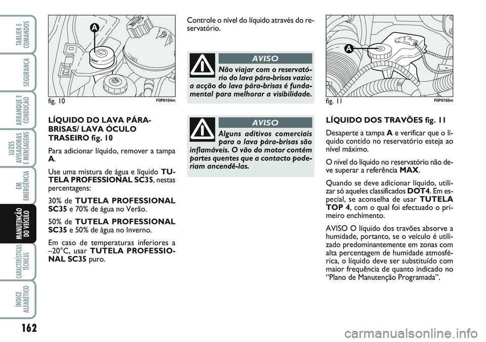 FIAT SCUDO 2012 Manual de Uso e Manutenção (in Portuguese) 162
LUZES
AVISADORAS
E MENSAGENS
CARACTERÍSTICAS
TÉCNICAS
ÍNDICE
ALFABÉTICO
TABLIER E
COMANDOS
SEGURANÇA
ARRANQUE E
CONDUÇÃO
EM
EMERGÊNCIA
MANUTENÇÃO
DO VEÍCULO
LÍQUIDO DOS TRAVÕES fig. FIAT SCUDO 2012 Manual de Uso e Manutenção (in Portuguese) 162
LUZES
AVISADORAS
E MENSAGENS
CARACTERÍSTICAS
TÉCNICAS
ÍNDICE
ALFABÉTICO
TABLIER E
COMANDOS
SEGURANÇA
ARRANQUE E
CONDUÇÃO
EM
EMERGÊNCIA
MANUTENÇÃO
DO VEÍCULO
LÍQUIDO DOS TRAVÕES fig.