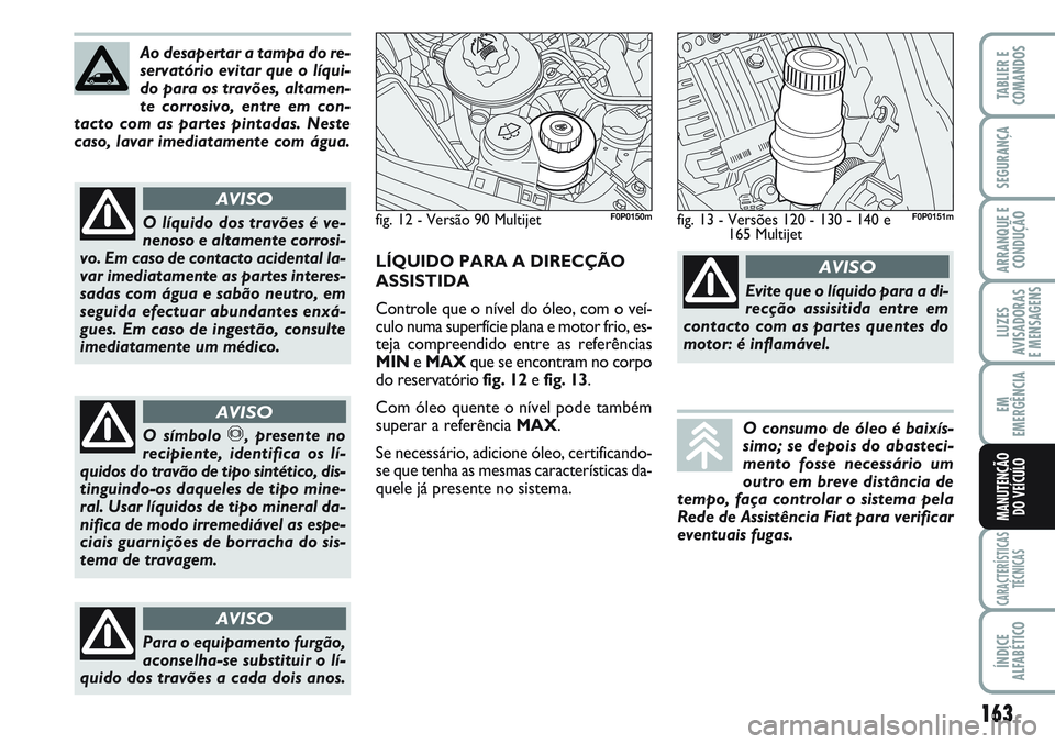 FIAT SCUDO 2012 Manual de Uso e Manutenção (in Portuguese) 163
LUZES
AVISADORAS
E MENSAGENS
CARACTERÍSTICAS
TÉCNICAS
ÍNDICE
ALFABÉTICO
TABLIER E
COMANDOS
SEGURANÇA
ARRANQUE E
CONDUÇÃO
EM
EMERGÊNCIA
MANUTENÇÃO
DO VEÍCULO
Ao desapertar a tampa do re FIAT SCUDO 2012 Manual de Uso e Manutenção (in Portuguese) 163
LUZES
AVISADORAS
E MENSAGENS
CARACTERÍSTICAS
TÉCNICAS
ÍNDICE
ALFABÉTICO
TABLIER E
COMANDOS
SEGURANÇA
ARRANQUE E
CONDUÇÃO
EM
EMERGÊNCIA
MANUTENÇÃO
DO VEÍCULO
Ao desapertar a tampa do re
