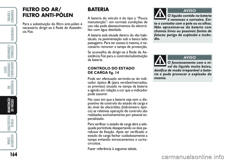 FIAT SCUDO 2012 Manual de Uso e Manutenção (in Portuguese) 164
LUZES
AVISADORAS
E MENSAGENS
CARACTERÍSTICAS
TÉCNICAS
ÍNDICE
ALFABÉTICO
TABLIER E
COMANDOS
SEGURANÇA
ARRANQUE E
CONDUÇÃO
EM
EMERGÊNCIA
MANUTENÇÃO
DO VEÍCULO
BATERIA
A bateria do veícu FIAT SCUDO 2012 Manual de Uso e Manutenção (in Portuguese) 164
LUZES
AVISADORAS
E MENSAGENS
CARACTERÍSTICAS
TÉCNICAS
ÍNDICE
ALFABÉTICO
TABLIER E
COMANDOS
SEGURANÇA
ARRANQUE E
CONDUÇÃO
EM
EMERGÊNCIA
MANUTENÇÃO
DO VEÍCULO
BATERIA
A bateria do veícu