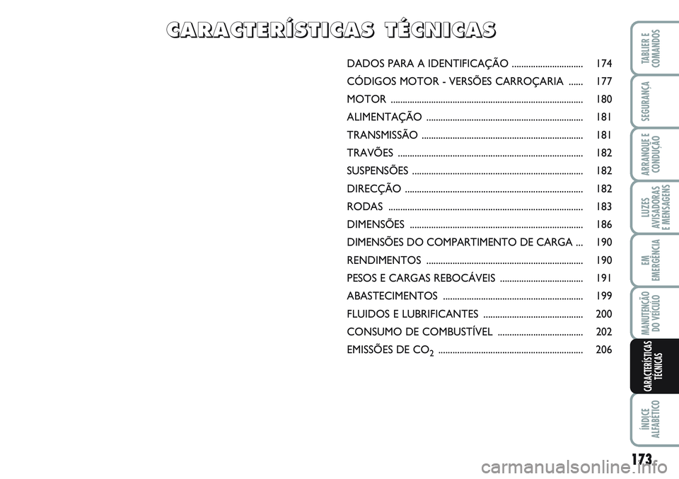 FIAT SCUDO 2012  Manual de Uso e Manutenção (in Portuguese) DADOS PARA A IDENTIFICAÇÃO .............................. 174
CÓDIGOS MOTOR - VERSÕES CARROÇARIA  ...... 177
MOTOR ................................................................................