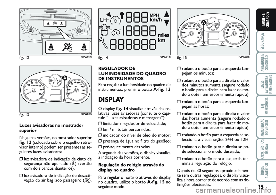 FIAT SCUDO 2012  Manual de Uso e Manutenção (in Portuguese) 15
SEGURANÇA
ARRANQUE E
CONDUÇÃO
LUZES
AVISADORAS 
E MENSAGENS
EM
EMERGÊNCIA
MANUTENÇÃO
DO VEÍCULO
CARACTERÍSTICAS
TÉCNICAS
ÍNDICE
ALFABÉTICO
TABLIER E
COMANDOS
Luzes avisadoras no mostrado