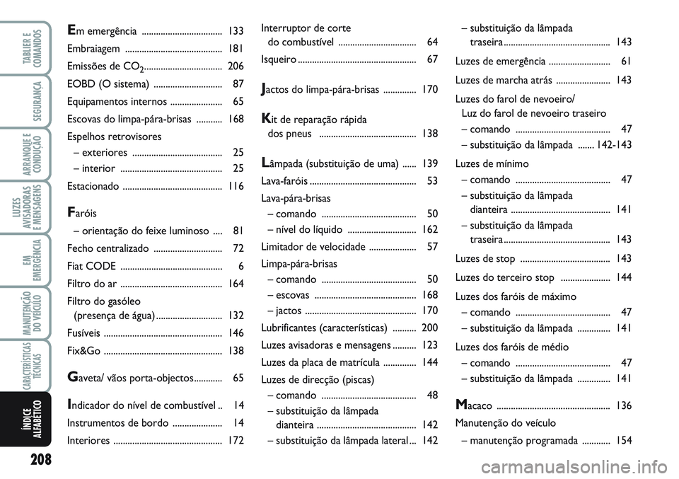 FIAT SCUDO 2012 Manual de Uso e Manutenção (in Portuguese) 208
LUZES
AVISADORAS
E MENSAGENS
TABLIER E
COMANDOS
SEGURANÇA
ARRANQUE E
CONDUÇÃO
EM
EMERGÊNCIA
MANUTENÇÃO
DO VEÍCULO
CARACTERÍSTICAS
TÉCNICAS
ÍNDICE
ALFABÉTICO
Interruptor de corte
do com FIAT SCUDO 2012 Manual de Uso e Manutenção (in Portuguese) 208
LUZES
AVISADORAS
E MENSAGENS
TABLIER E
COMANDOS
SEGURANÇA
ARRANQUE E
CONDUÇÃO
EM
EMERGÊNCIA
MANUTENÇÃO
DO VEÍCULO
CARACTERÍSTICAS
TÉCNICAS
ÍNDICE
ALFABÉTICO
Interruptor de corte
do com