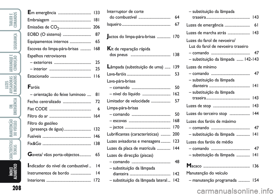 FIAT SCUDO 2012  Manual de Uso e Manutenção (in Portuguese) 208
LUZES
AVISADORAS
E MENSAGENS
TABLIER E
COMANDOS
SEGURANÇA
ARRANQUE E
CONDUÇÃO
EM
EMERGÊNCIA
MANUTENÇÃO
DO VEÍCULO
CARACTERÍSTICAS
TÉCNICAS
ÍNDICE
ALFABÉTICO
Interruptor de corte 
do com