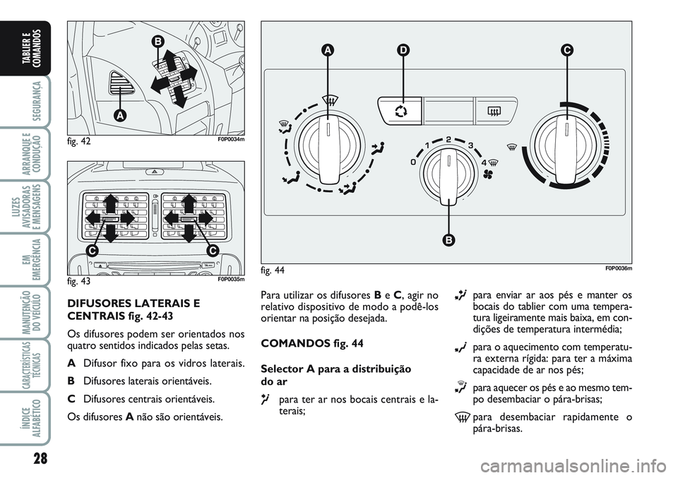 FIAT SCUDO 2012 Manual de Uso e Manutenção (in Portuguese) 28
SEGURANÇA
ARRANQUE E
CONDUÇÃO
LUZES
AVISADORAS
E MENSAGENS
EM
EMERGÊNCIA
MANUTENÇÃO
DO VEÍCULO
CARACTERÍSTICAS
TÉCNICAS
ÍNDICE
ALFABÉTICO
TABLIER E
COMANDOS
Para utilizar os difusores B FIAT SCUDO 2012 Manual de Uso e Manutenção (in Portuguese) 28
SEGURANÇA
ARRANQUE E
CONDUÇÃO
LUZES
AVISADORAS
E MENSAGENS
EM
EMERGÊNCIA
MANUTENÇÃO
DO VEÍCULO
CARACTERÍSTICAS
TÉCNICAS
ÍNDICE
ALFABÉTICO
TABLIER E
COMANDOS
Para utilizar os difusores B