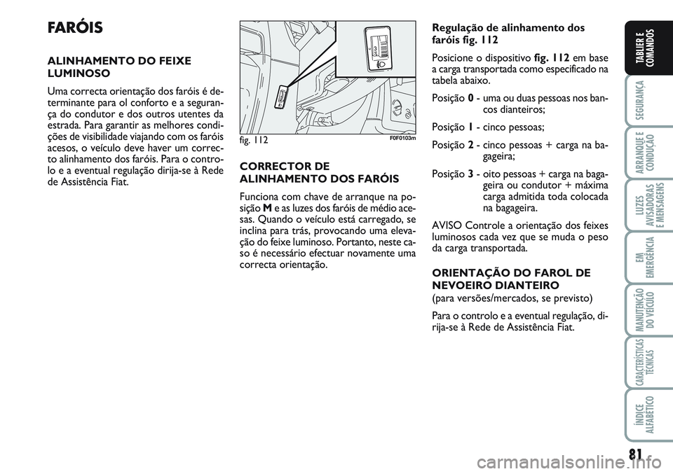 FIAT SCUDO 2012  Manual de Uso e Manutenção (in Portuguese) 81
SEGURANÇA
ARRANQUE E
CONDUÇÃO
LUZES
AVISADORAS 
E MENSAGENS
EM
EMERGÊNCIA
MANUTENÇÃO
DO VEÍCULO
CARACTERÍSTICAS
TÉCNICAS
ÍNDICE
ALFABÉTICO
TABLIER E
COMANDOS
FARÓIS
ALINHAMENTO DO FEIXE