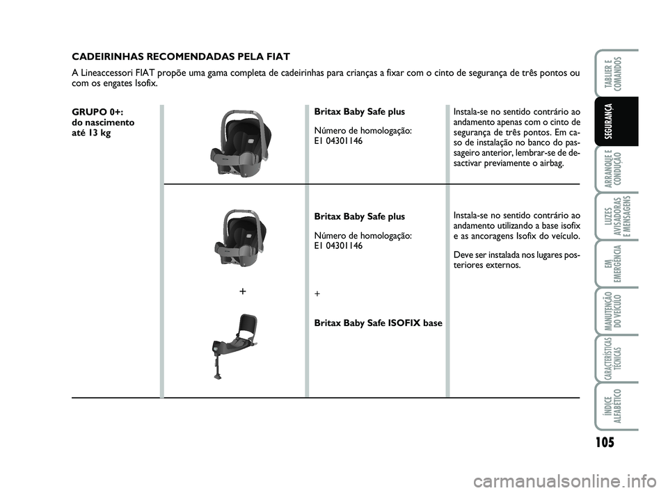 FIAT SCUDO 2013 Manual de Uso e Manutenção (in Portuguese) 105
ARRANQUE E CONDUÇÃO
LUZES AVISADORAS E MENSAGENS
EM
EMERGÊNCIA
MANUTENÇÃO DO VEÍCULO
CARACTERÍSTICAS TÉCNICAS
ÍNDICE ALFABÉTICO
TABLIER E COMANDOS
SEGURANÇA
CADEIRINHAS RECOMENDADAS FIAT SCUDO 2013 Manual de Uso e Manutenção (in Portuguese) 105
ARRANQUE E CONDUÇÃO
LUZES AVISADORAS E MENSAGENS
EM
EMERGÊNCIA
MANUTENÇÃO DO VEÍCULO
CARACTERÍSTICAS TÉCNICAS
ÍNDICE ALFABÉTICO
TABLIER E COMANDOS
SEGURANÇA
CADEIRINHAS RECOMENDADAS