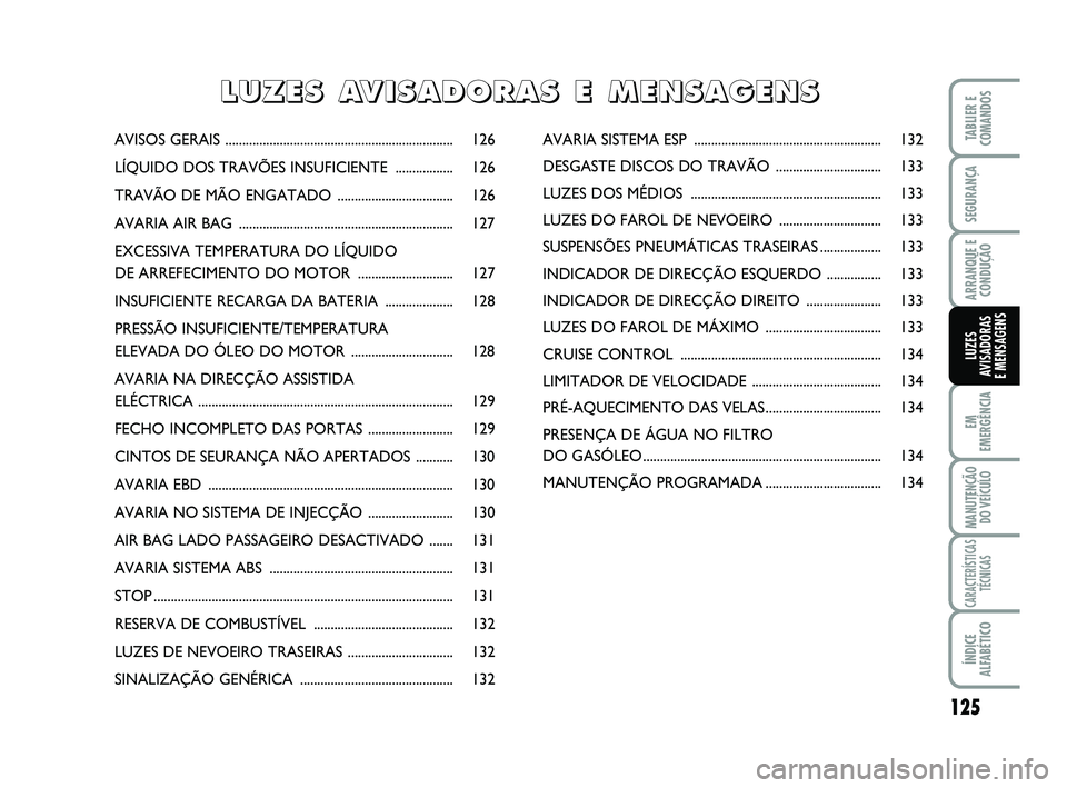 FIAT SCUDO 2013 Manual de Uso e Manutenção (in Portuguese) 125
EM
EMERGÊNCIA
MANUTENÇÃO
DO VEÍCULO
CARACTERÍSTICAS
TÉCNICAS
ÍNDICE
ALFABÉTICO
TABLIER E
COMANDOS
SEGURANÇA
ARRANQUE E
CONDUÇÃO
LUZES
AVISADORAS
E MENSAGENS
AVISOS GERAIS ............. FIAT SCUDO 2013 Manual de Uso e Manutenção (in Portuguese) 125
EM
EMERGÊNCIA
MANUTENÇÃO
DO VEÍCULO
CARACTERÍSTICAS
TÉCNICAS
ÍNDICE
ALFABÉTICO
TABLIER E
COMANDOS
SEGURANÇA
ARRANQUE E
CONDUÇÃO
LUZES
AVISADORAS
E MENSAGENS
AVISOS GERAIS .............
