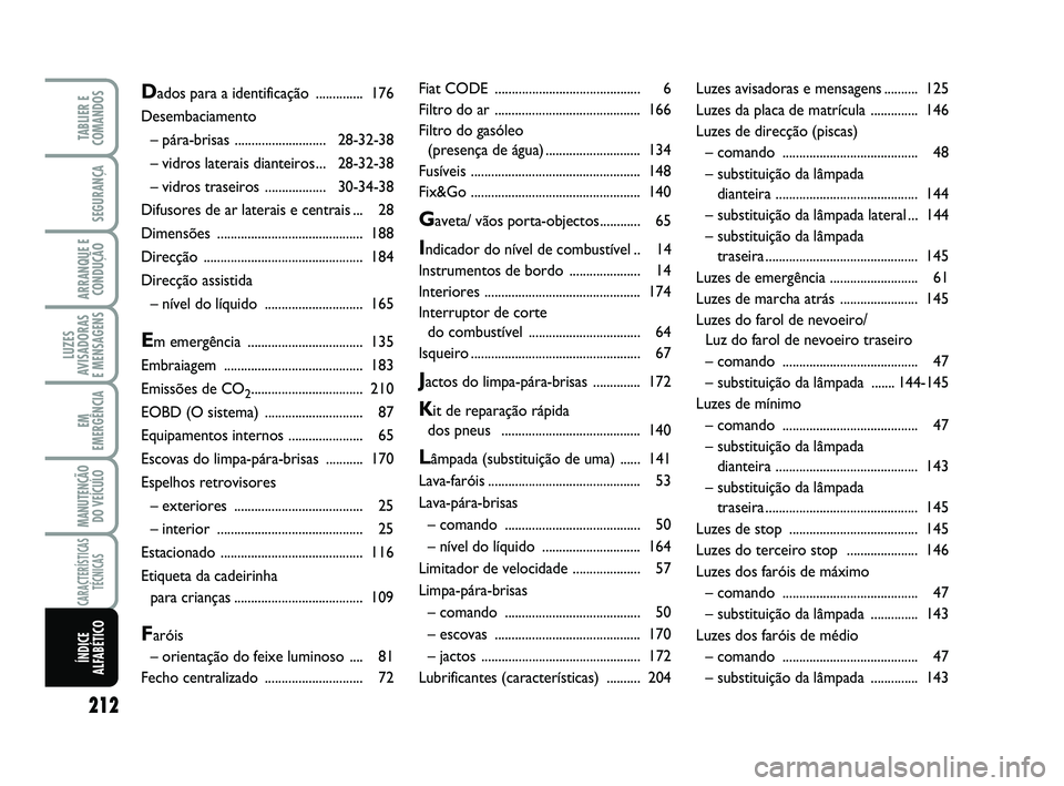 FIAT SCUDO 2013  Manual de Uso e Manutenção (in Portuguese) 212
LUZES
AVISADORAS
E MENSAGENS
TABLIER E
COMANDOS
SEGURANÇA
ARRANQUE E
CONDUÇÃO
EM
EMERGÊNCIA
MANUTENÇÃO
DO VEÍCULO
CARACTERÍSTICAS
TÉCNICAS
ÍNDICE
ALFABÉTICO
Fiat CODE ..................