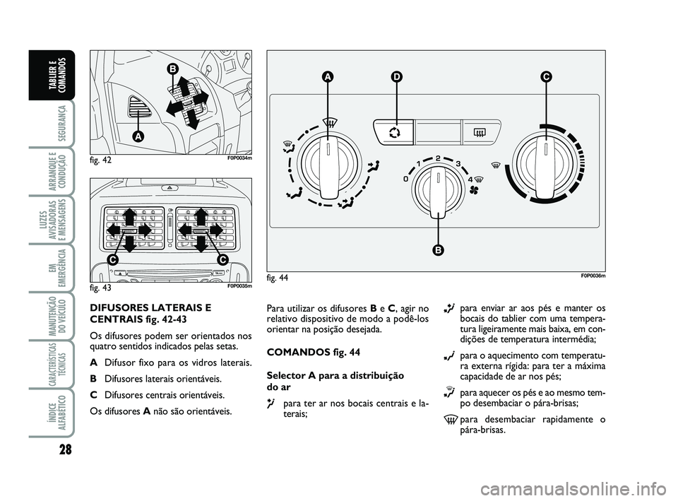FIAT SCUDO 2013  Manual de Uso e Manutenção (in Portuguese) 28
SEGURANÇA
ARRANQUE E
CONDUÇÃO
LUZES
AVISADORAS 
E MENSAGENS
EM
EMERGÊNCIA
MANUTENÇÃO
DO VEÍCULO
CARACTERÍSTICAS
TÉCNICAS
ÍNDICE
ALFABÉTICO
TABLIER E
COMANDOS
Para utilizar os difusores B