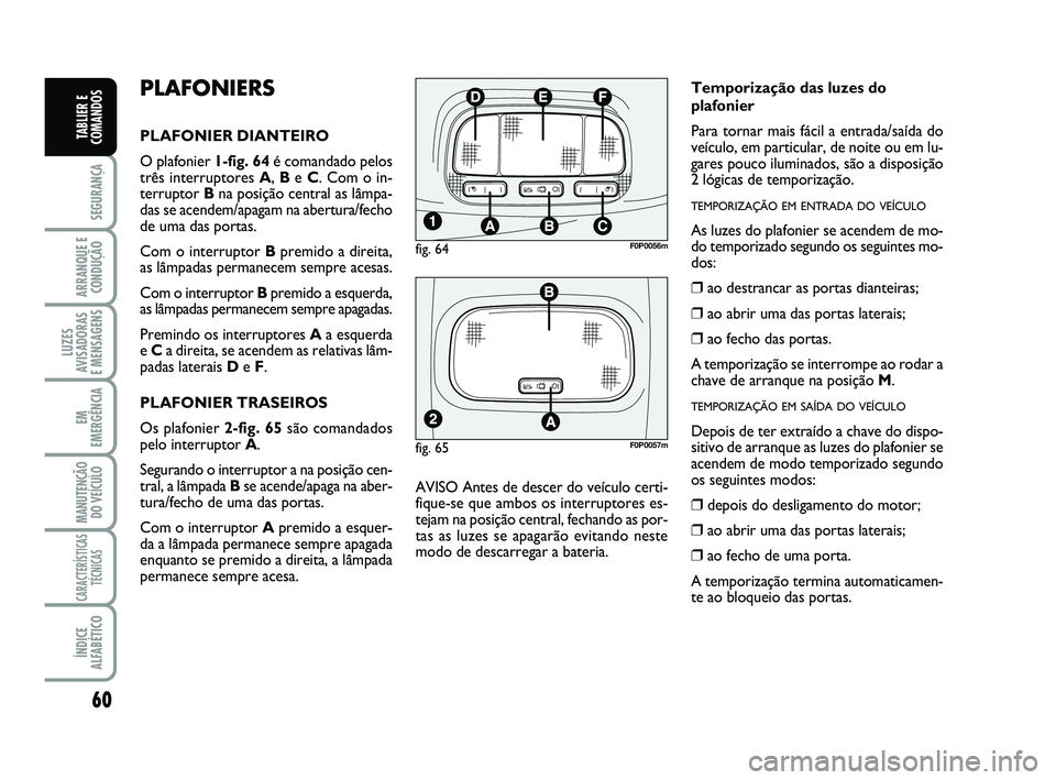 FIAT SCUDO 2013 Manual de Uso e Manutenção (in Portuguese) 60
SEGURANÇA
ARRANQUE E
CONDUÇÃO
LUZES
AVISADORAS
E MENSAGENS
EM
EMERGÊNCIA
MANUTENÇÃO
DO VEÍCULO
CARACTERÍSTICAS
TÉCNICAS
ÍNDICE
ALFABÉTICO
TABLIER E
COMANDOS
PLAFONIERS
PLAFONIER DIANTEI FIAT SCUDO 2013 Manual de Uso e Manutenção (in Portuguese) 60
SEGURANÇA
ARRANQUE E
CONDUÇÃO
LUZES
AVISADORAS
E MENSAGENS
EM
EMERGÊNCIA
MANUTENÇÃO
DO VEÍCULO
CARACTERÍSTICAS
TÉCNICAS
ÍNDICE
ALFABÉTICO
TABLIER E
COMANDOS
PLAFONIERS
PLAFONIER DIANTEI