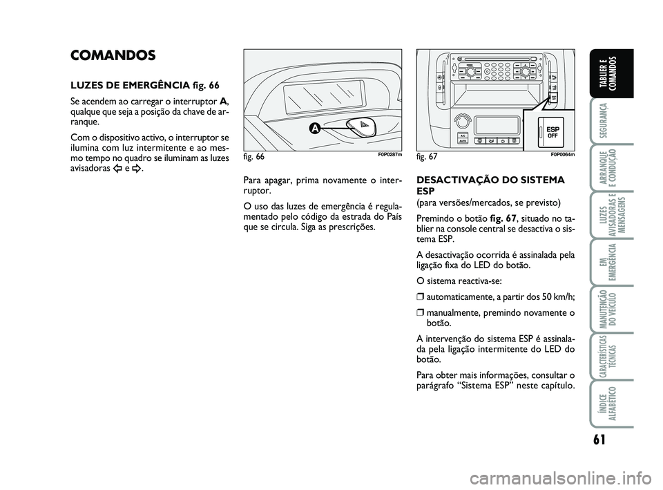 FIAT SCUDO 2013 Manual de Uso e Manutenção (in Portuguese) 61
SEGURANÇA
ARRANQUE
E CONDUÇÃO
LUZES
AVISADORAS E
MENSAGENS
EM
EMERGÊNCIA
MANUTENÇÃO
DO VEÍCULO
CARACTERÍSTICAS
TÉCNICAS
ÍNDICE
ALFABÉTICO
TABLIER E
COMANDOS
fig. 66F0P0287m
COMANDOS
LUZ FIAT SCUDO 2013 Manual de Uso e Manutenção (in Portuguese) 61
SEGURANÇA
ARRANQUE
E CONDUÇÃO
LUZES
AVISADORAS E
MENSAGENS
EM
EMERGÊNCIA
MANUTENÇÃO
DO VEÍCULO
CARACTERÍSTICAS
TÉCNICAS
ÍNDICE
ALFABÉTICO
TABLIER E
COMANDOS
fig. 66F0P0287m
COMANDOS
LUZ