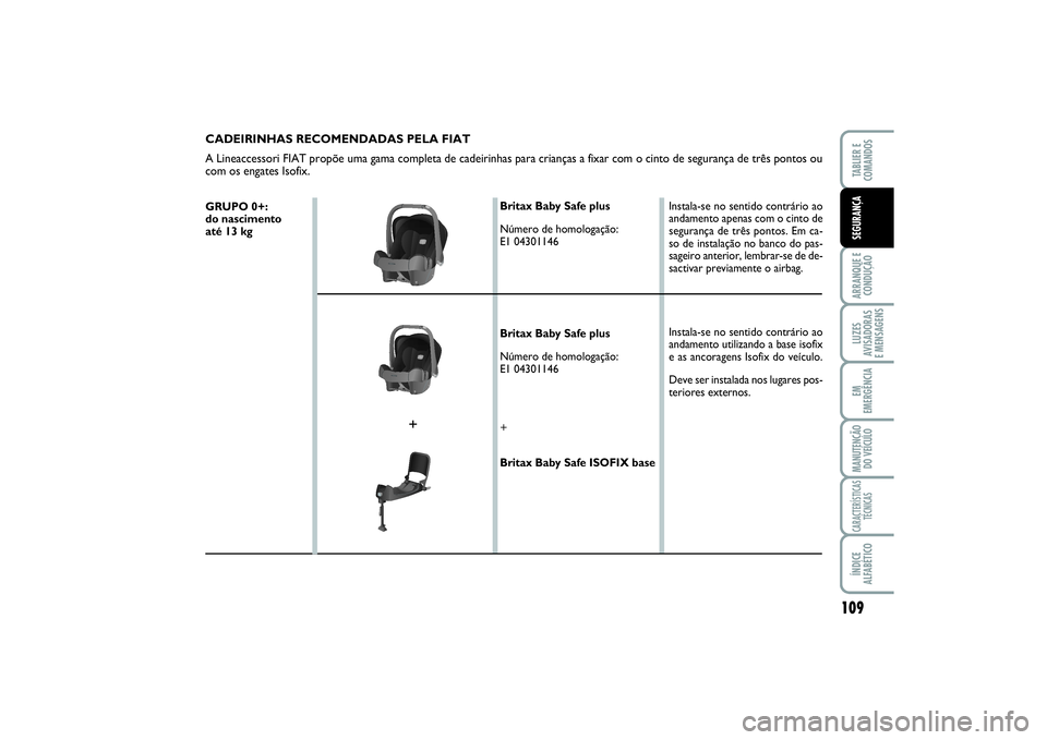 FIAT SCUDO 2015 Manual de Uso e Manutenção (in Portuguese) 109
ARRANQUE E
CONDUÇÃOLUZES
AVISADORAS
E MENSAGENSEM
EMERGÊNCIAMANUTENÇÃO
DO VEÍCULOCARACTERÍSTICAS
TÉCNICASÍNDICE
ALFABÉTICOTABLIER E
COMANDOSSEGURANÇA
CADEIRINHAS RECOMENDADAS PELA FI FIAT SCUDO 2015 Manual de Uso e Manutenção (in Portuguese) 109
ARRANQUE E
CONDUÇÃOLUZES
AVISADORAS
E MENSAGENSEM
EMERGÊNCIAMANUTENÇÃO
DO VEÍCULOCARACTERÍSTICAS
TÉCNICASÍNDICE
ALFABÉTICOTABLIER E
COMANDOSSEGURANÇA
CADEIRINHAS RECOMENDADAS PELA FI