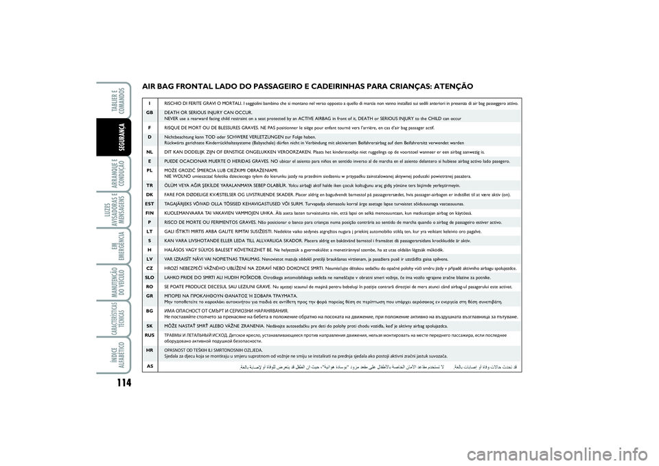 FIAT SCUDO 2015 Manual de Uso e Manutenção (in Portuguese) 114ARRANQUE E
CONDUÇÃOLUZES
AVISADORAS E
MENSAGENSEM
EMERGÊNCIAMANUTENÇÃO
DO VEÍCULOCARACTERÍSTICAS
TÉCNICASÍNDICE
ALFABÉTICOTABLIER E
COMANDOSSEGURANÇA
AIR BAG FRONTAL LADO DO PASSAGEIRO FIAT SCUDO 2015 Manual de Uso e Manutenção (in Portuguese) 114ARRANQUE E
CONDUÇÃOLUZES
AVISADORAS E
MENSAGENSEM
EMERGÊNCIAMANUTENÇÃO
DO VEÍCULOCARACTERÍSTICAS
TÉCNICASÍNDICE
ALFABÉTICOTABLIER E
COMANDOSSEGURANÇA
AIR BAG FRONTAL LADO DO PASSAGEIRO