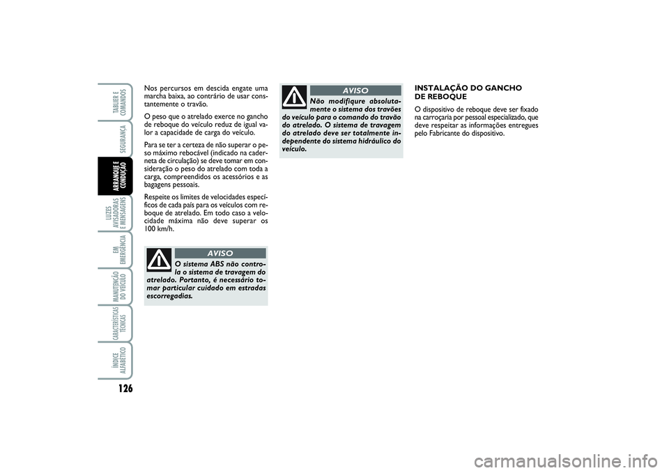 FIAT SCUDO 2015 Manual de Uso e Manutenção (in Portuguese) 126LUZES
AVISADORAS
E MENSAGENSEM
EMERGÊNCIAMANUTENÇÃO
DO VEÍCULOCARACTERÍSTICAS
TÉCNICASÍNDICE
ALFABÉTICOTABLIER E
COMANDOSSEGURANÇAARRANQUE E
CONDUÇÃO
INSTALAÇÃO DO GANCHO
DE REBOQUE
FIAT SCUDO 2015 Manual de Uso e Manutenção (in Portuguese) 126LUZES
AVISADORAS
E MENSAGENSEM
EMERGÊNCIAMANUTENÇÃO
DO VEÍCULOCARACTERÍSTICAS
TÉCNICASÍNDICE
ALFABÉTICOTABLIER E
COMANDOSSEGURANÇAARRANQUE E
CONDUÇÃO
INSTALAÇÃO DO GANCHO
DE REBOQUE
