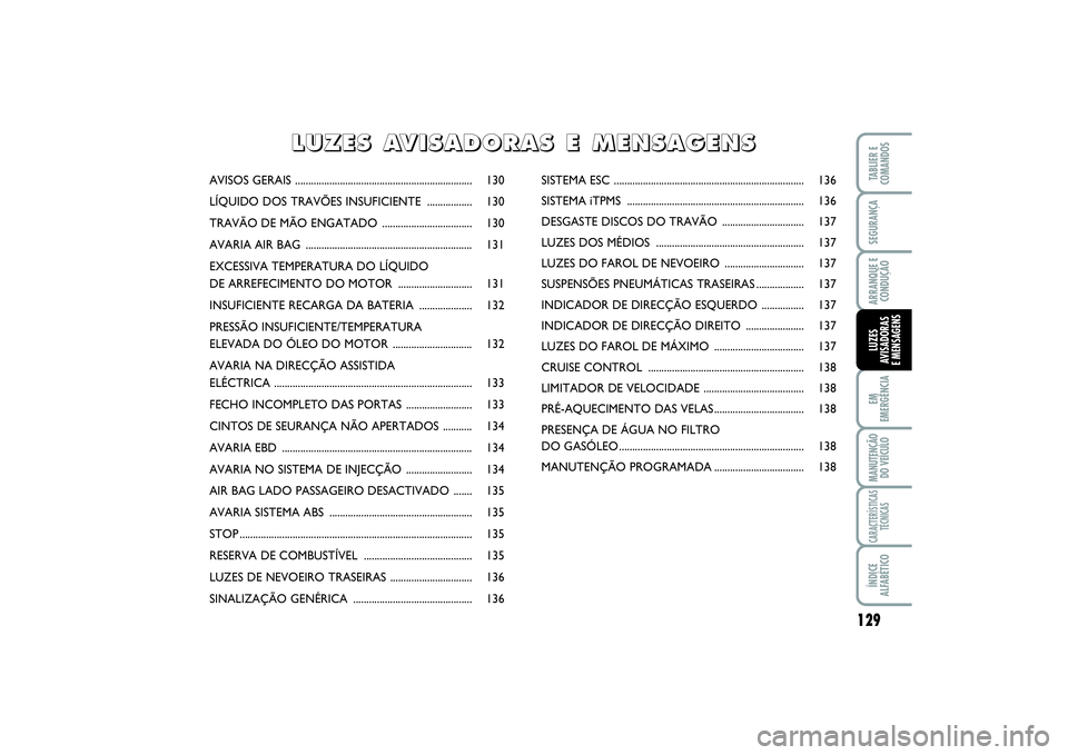 FIAT SCUDO 2015 Manual de Uso e Manutenção (in Portuguese) 129
EM
EMERGÊNCIAMANUTENÇÃO
DO VEÍCULOCARACTERÍSTICAS
TÉCNICASÍNDICE
ALFABÉTICOTABLIER E
COMANDOSSEGURANÇAARRANQUE E
CONDUÇÃOLUZES
AVISADORAS
E MENSAGENS
AVISOS GERAIS .................... FIAT SCUDO 2015 Manual de Uso e Manutenção (in Portuguese) 129
EM
EMERGÊNCIAMANUTENÇÃO
DO VEÍCULOCARACTERÍSTICAS
TÉCNICASÍNDICE
ALFABÉTICOTABLIER E
COMANDOSSEGURANÇAARRANQUE E
CONDUÇÃOLUZES
AVISADORAS
E MENSAGENS
AVISOS GERAIS ....................