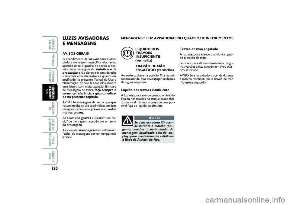 FIAT SCUDO 2015 Manual de Uso e Manutenção (in Portuguese) 130EM
EMERGÊNCIAMANUTENÇÃO
DO VEÍCULOCARACTERÍSTICAS
TÉCNICASÍNDICE
ALFABÉTICOTABLIER E
COMANDOSSEGURANÇAARRANQUE E
CONDUÇÃOLUZES
AVISADORAS
E MENSAGENS
LUZES AVISADORAS
E MENSAGENSAVISOS FIAT SCUDO 2015 Manual de Uso e Manutenção (in Portuguese) 130EM
EMERGÊNCIAMANUTENÇÃO
DO VEÍCULOCARACTERÍSTICAS
TÉCNICASÍNDICE
ALFABÉTICOTABLIER E
COMANDOSSEGURANÇAARRANQUE E
CONDUÇÃOLUZES
AVISADORAS
E MENSAGENS
LUZES AVISADORAS
E MENSAGENSAVISOS